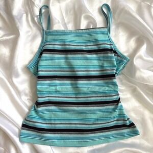 Great Escape Turquoise Black Striped Cotton Cami Tank Top Square Neck Medium